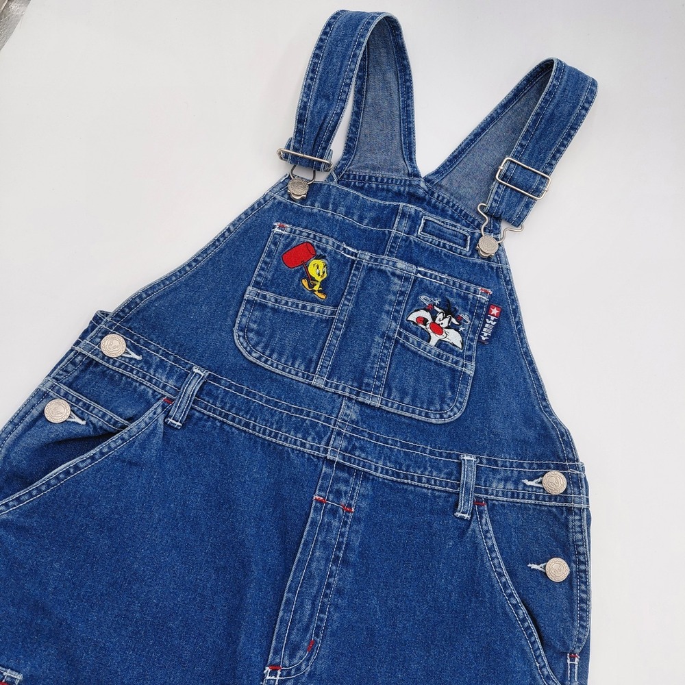Vtg Looney Tunes Denim Overall Shorts Youth L 10/12 Tweety Sylvester 90s Y2K - Picture 2 of 10